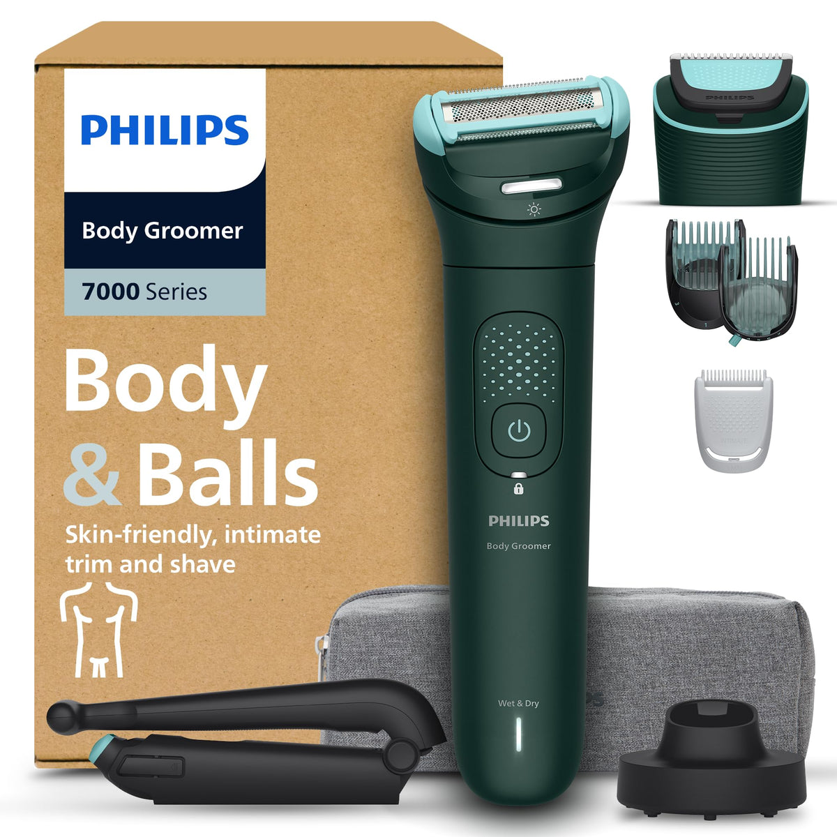 Philips Body Groomer 7000 Series - Trimmer for men with 2D Flex Head, Triple Protect Shave System, interchangeable heads, Intimate Trim & Shave, 100% showerproof, 120 minutes runtime, model BG7485/30