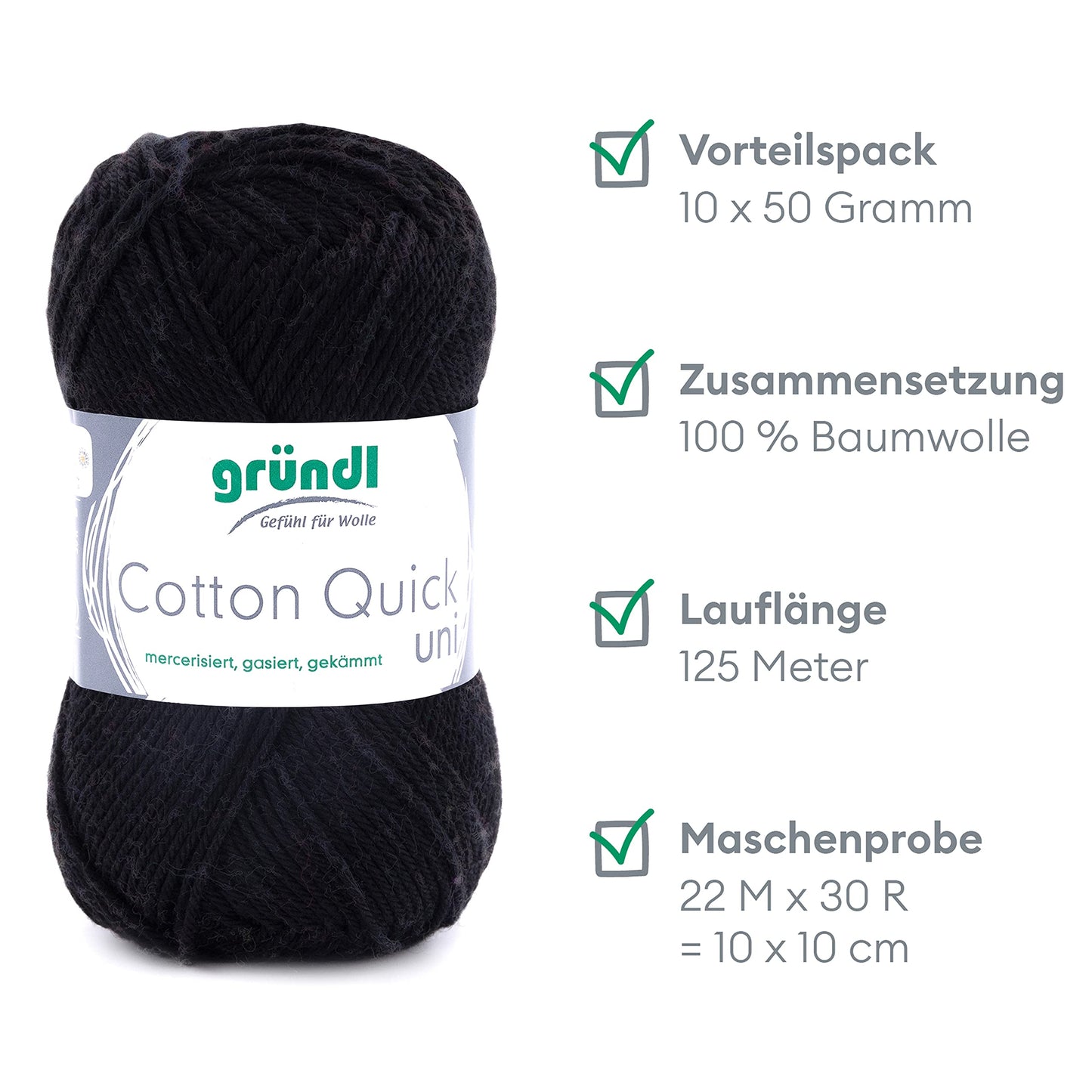 Gründl Wolle Cotton Quick uni - thin wool for crocheting - knitting yarn - crochet yarn - shiny and skin-friendly - 100% cotton - 10 balls 50 g / 125 m - needle size 3-4 - black - 865-11
