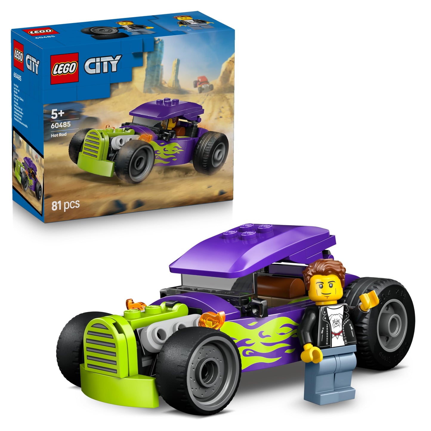 LEGO City Hot Rod - Race Car Toy w/a Driver Minifigure & Folding Roof - Fine Motor Skills Building Set - Small Birthday Gift Idea for 5+ Year Old Boys - 60485