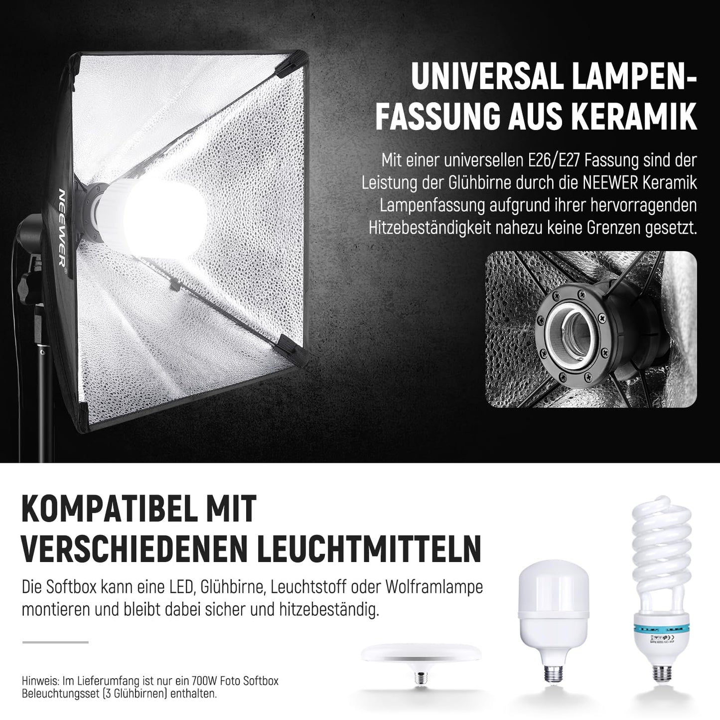 NEEWER softbox lighting set, equivalent to 700W, pack of 3 CE & UKCA certified 5700K LED light bulbs, 24x24 inch softboxes with E27 socket, photography continuous light set, photo studio equipment - 10102773