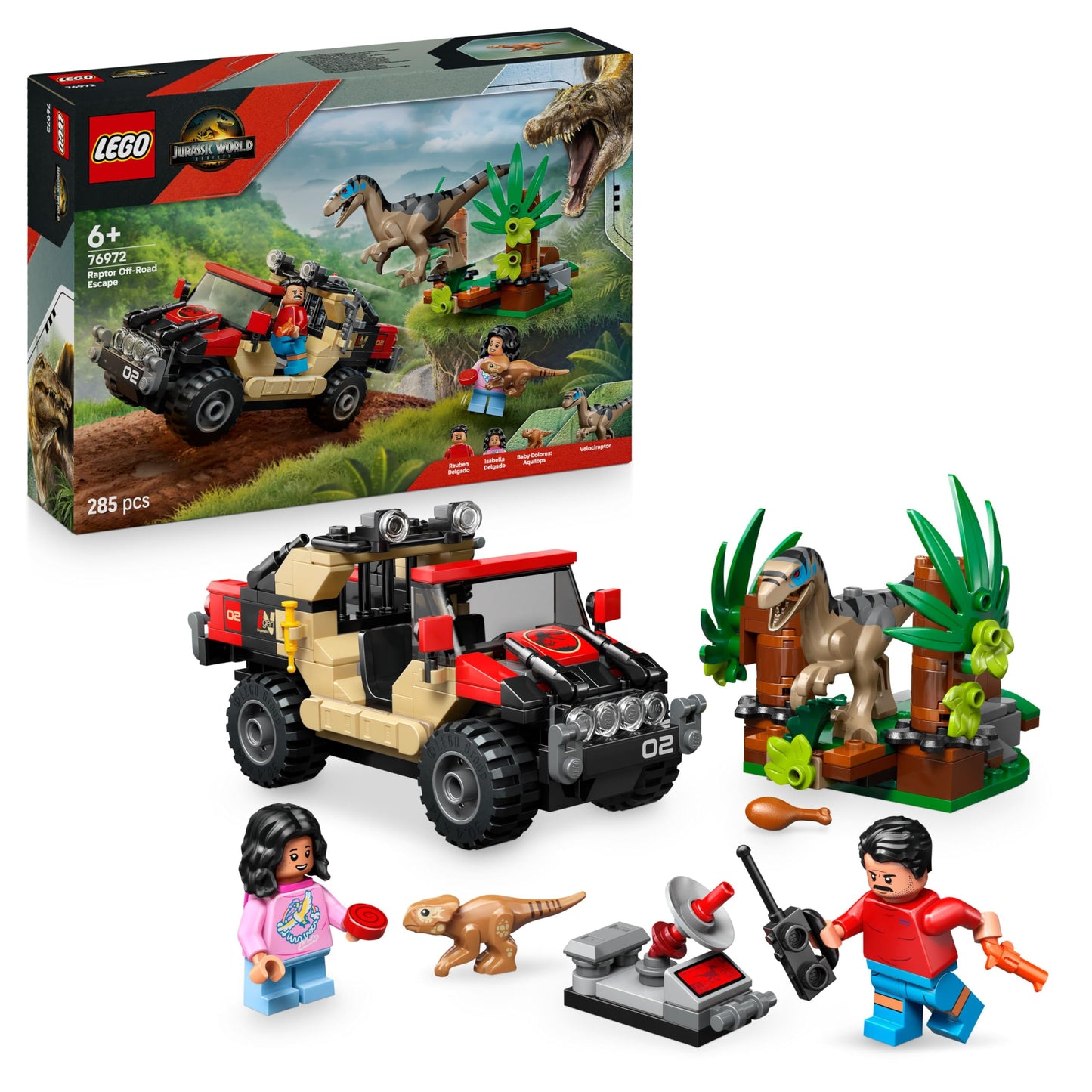 LEGO Jurassic World Raptor: Off-road vehicle chase - 2 dinosaur figures, car, 2 minifigures - gift for boys and girls aged 6 and up, fans of the film "The Rebirth" - 76972