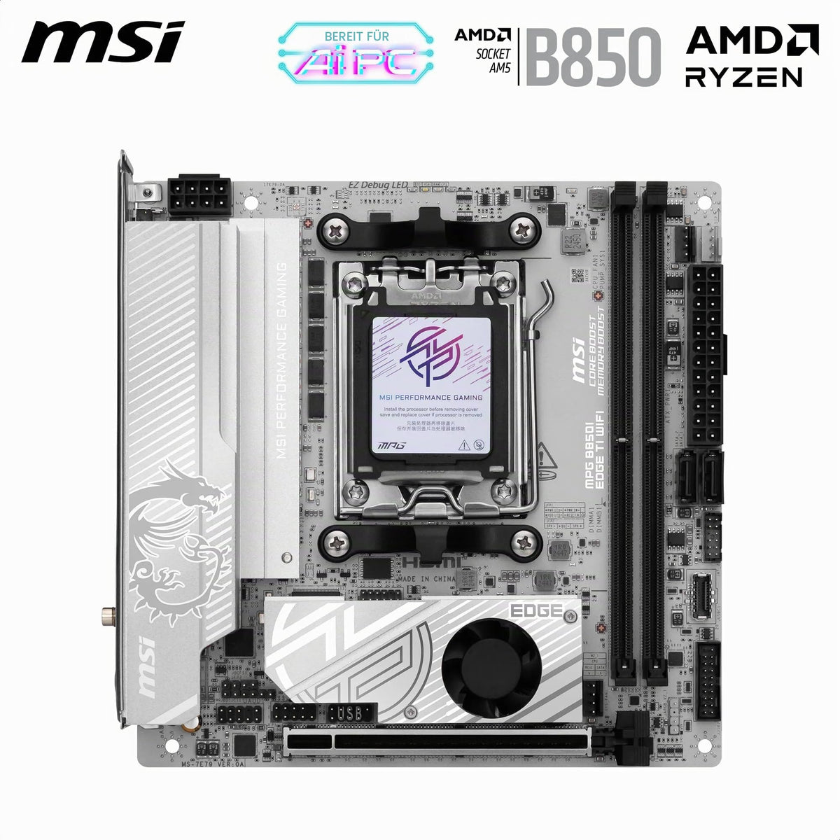MSI MPG B850I Edge TI WiFi Motherboard, ATX - Supports AMD Ryzen 9000/8000/7000 processors, AM5-90A SPS VRM, DDR5 Memory Boost (8200+MT/s OC), PCIe 5.0 x16, M.2 Gen5, Wi-Fi 7, 5G LAN