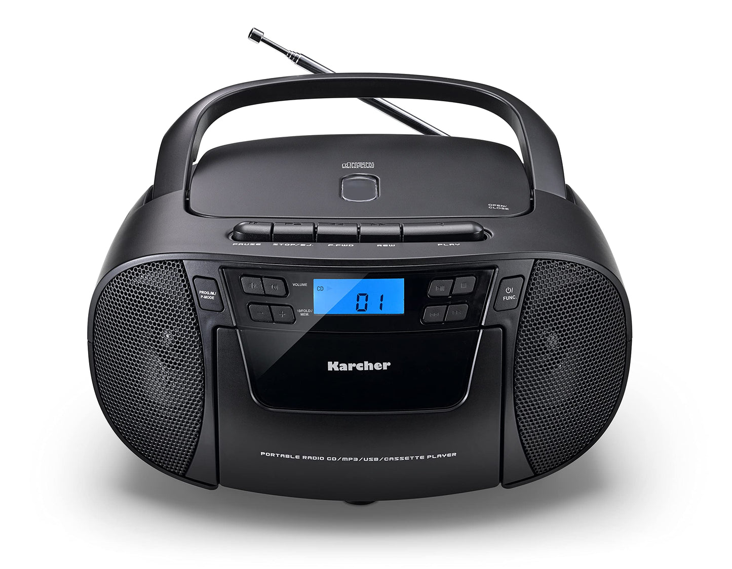 Karcher RR 5045 portable CD radio (boombox with CD player, cassette, FM radio, mains operation, USB & AUX-In) black