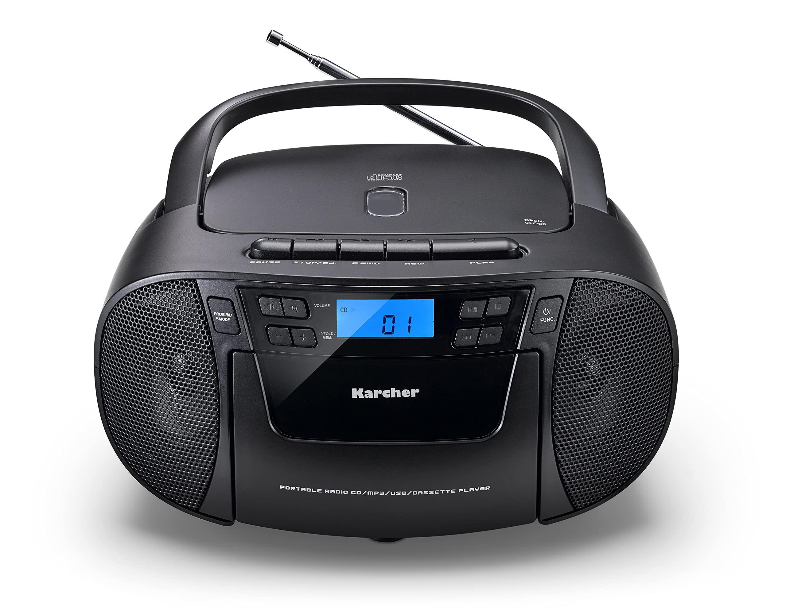 Karcher RR 5045 portable CD radio (boombox with CD player, cassette, FM radio, mains operation, USB & AUX-In) black