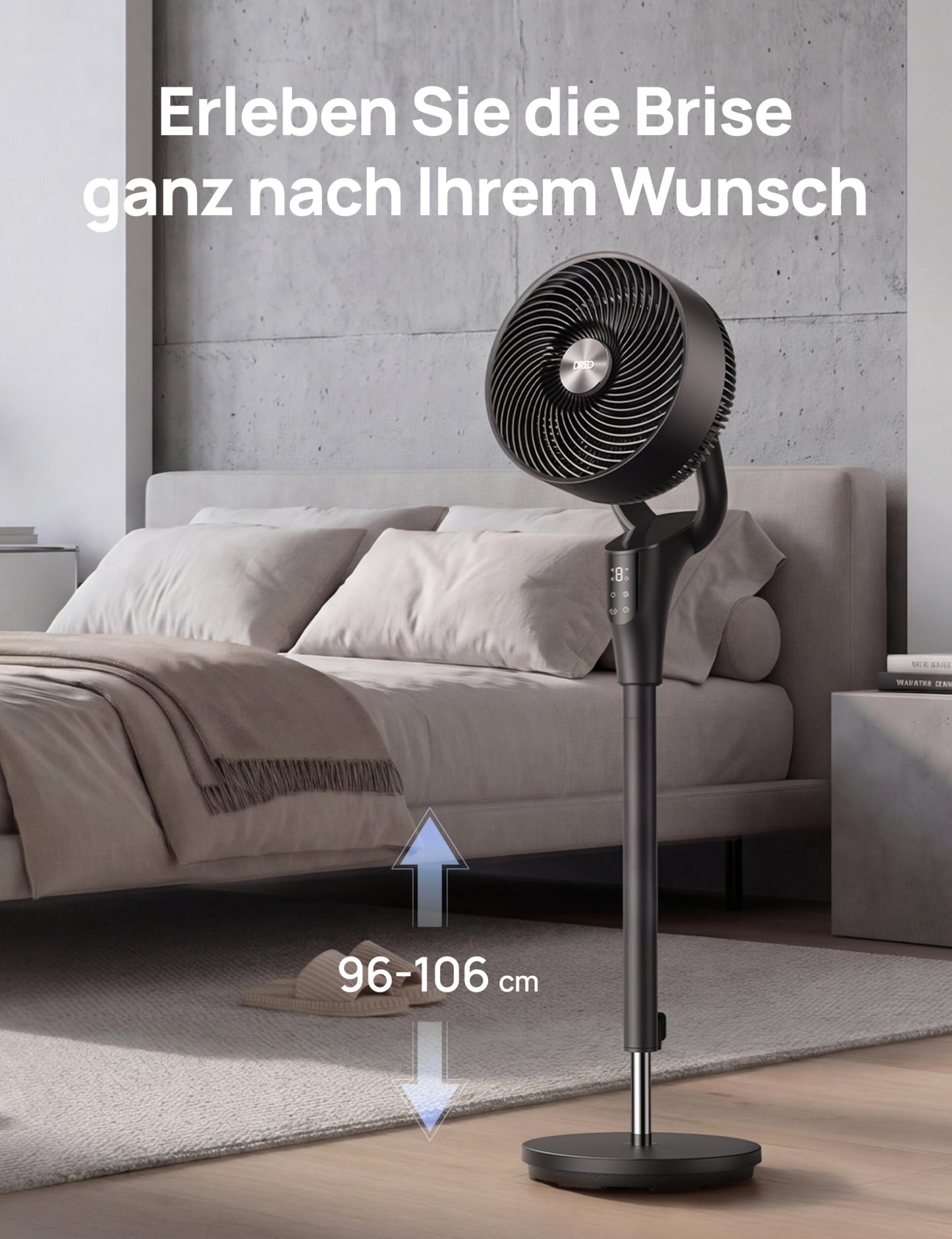 DREO Quiet Stand Fan for Bedroom [Improved], 27m Airflow, Quiet, 90° Oscillating, DC Motor, 8 Speeds, 3 Modes, 96-106cm Height Adjustable, 8H Timer, 105° Manual Tilt - DR-HPF013