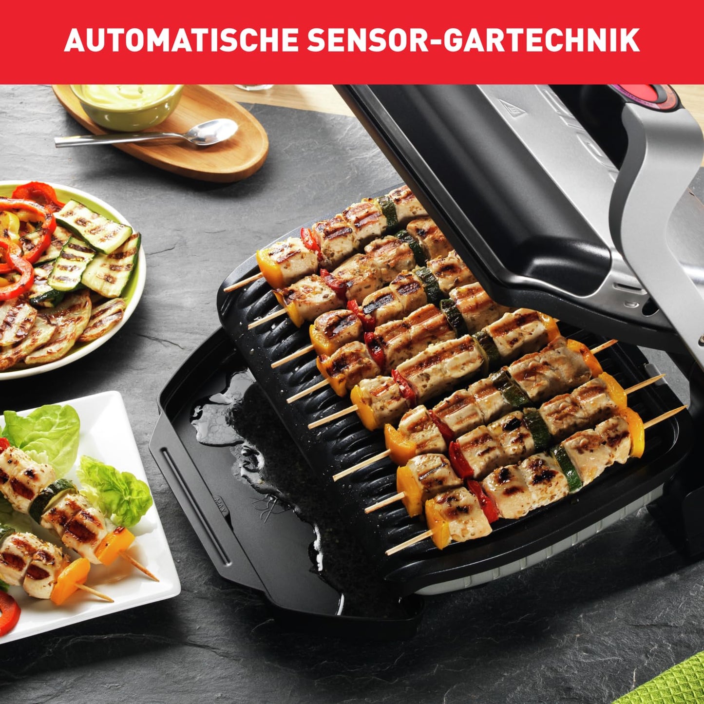 Tefal OptiGrill contact grill - electric grill with 6 automatic programs, cooking level display and automatic temperature adjustment, defrosting and manual mode, removable non-stick coated plates - GC705D