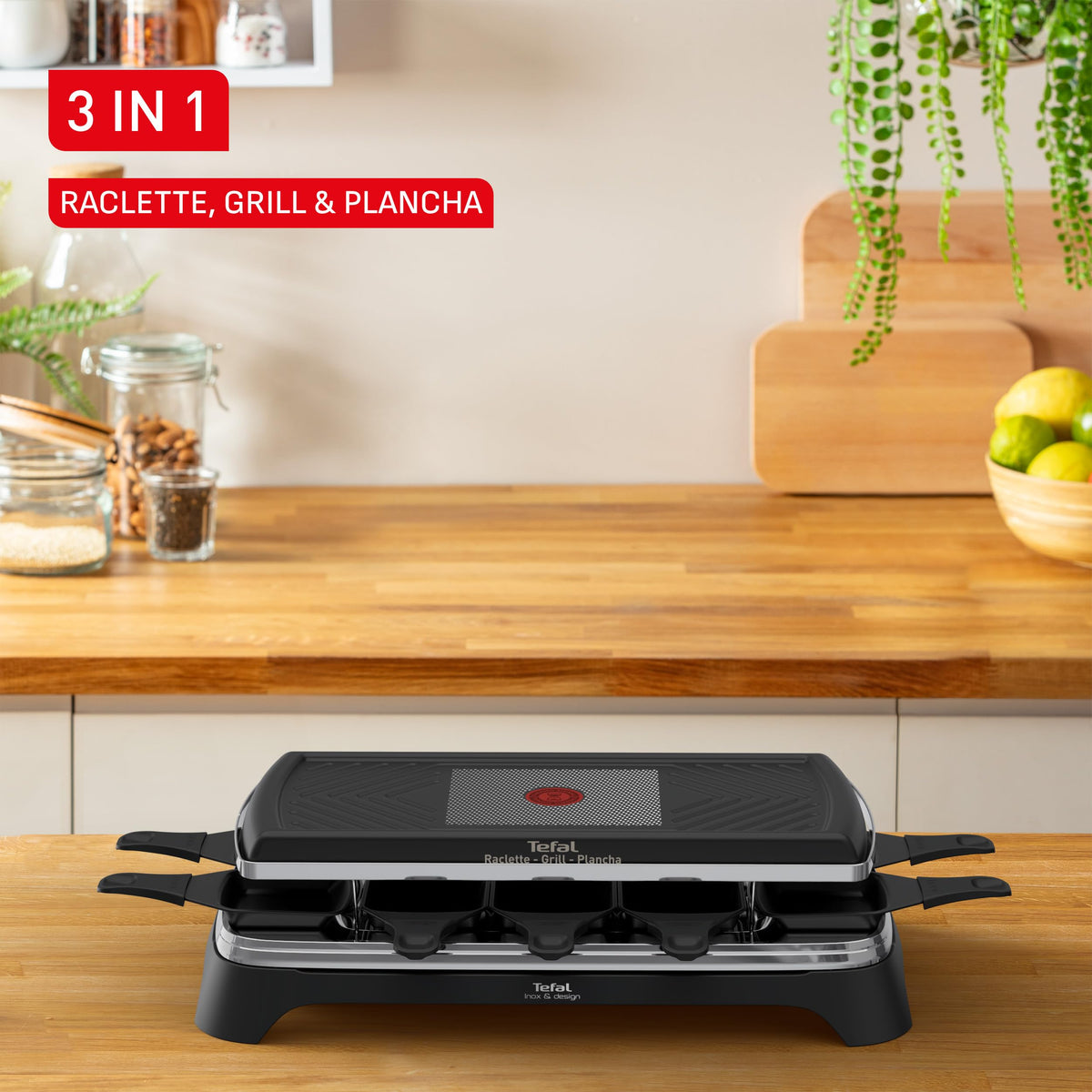 Tefal Raclette 3-in-1 Raclette Grill & Plancha, Thermo-Signal, non-stick plate and pans, easy storage, includes accessories for up to 10 people, Black, RE458NF0