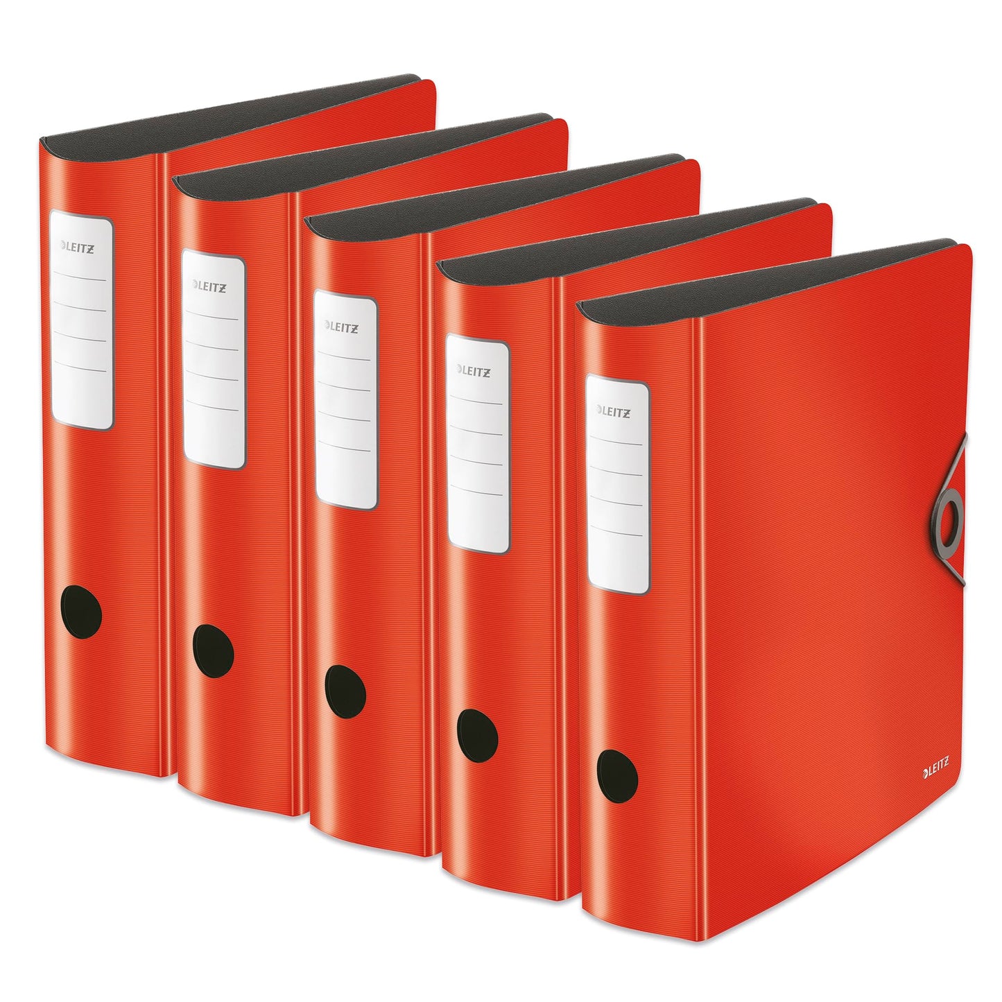 Leitz quality folder 180° Active Solid, A4, pack of 5, wide, rounded spine, 8.2 cm wide, elastic band closure, light polyfoam, plastic folder, WOW series, red, 10471020 - 10471020-5