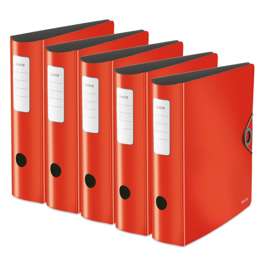 Leitz quality folder 180° Active Solid, A4, pack of 5, wide, rounded spine, 8.2 cm wide, elastic band closure, light polyfoam, plastic folder, WOW series, red, 10471020 - 10471020-5