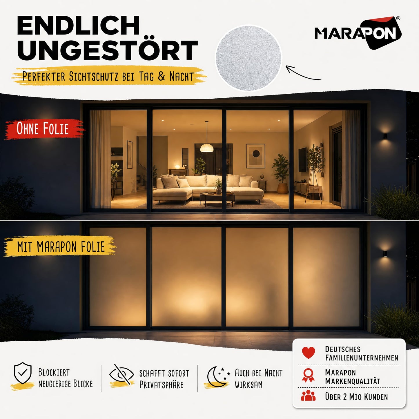 MARAPON window film opaque in matt 0.30x50 m statically adhesive privacy film window, frosted glass film window film opaque from the outside for privacy and UV protection or window decoration - M3050-WS