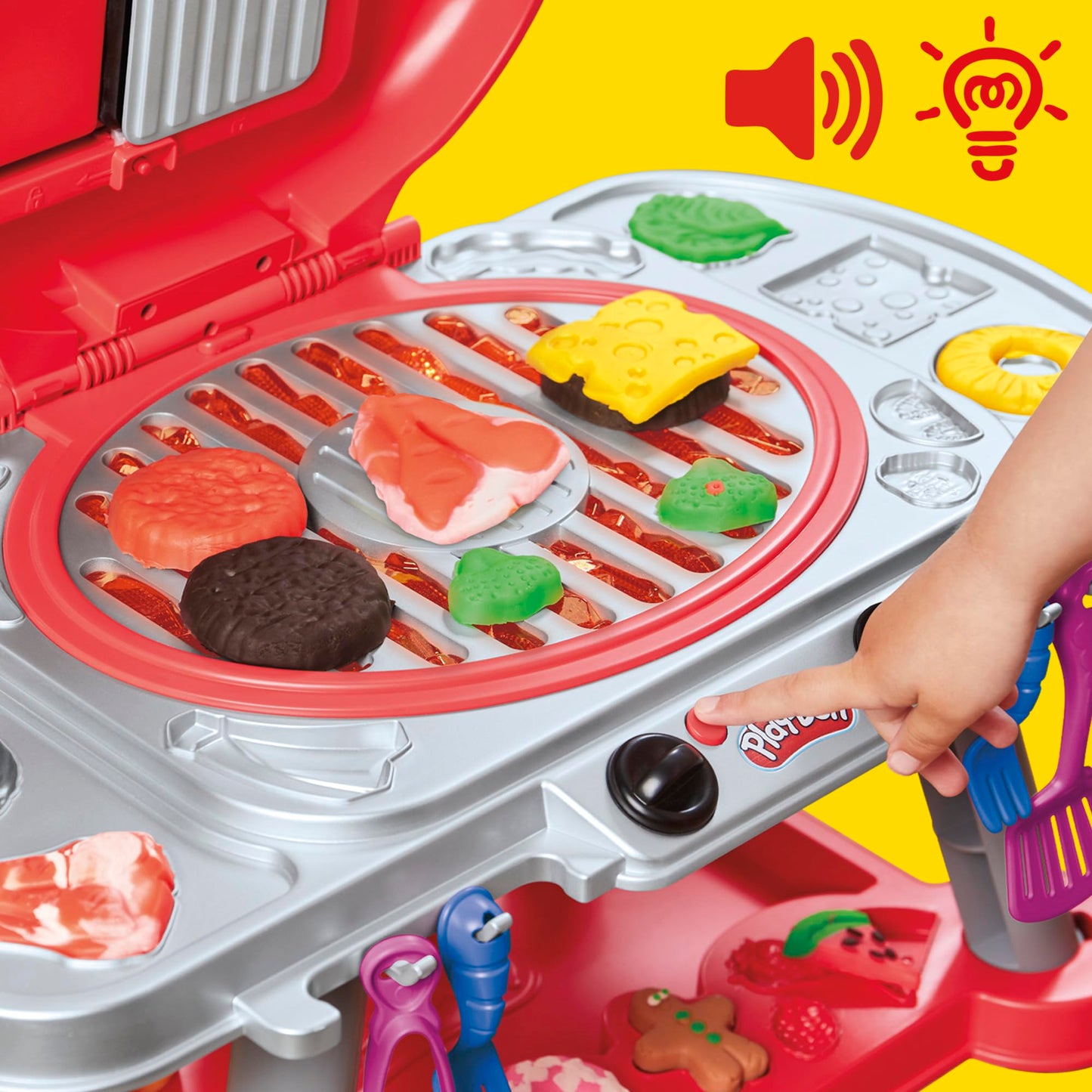 Play-Doh barbecue party toy, barbecue station with shapes, accessories and 6 cans of dough for crafts, grilling and cooking, kitchen toys, craft set and exciting for ages 3 and up - G0500