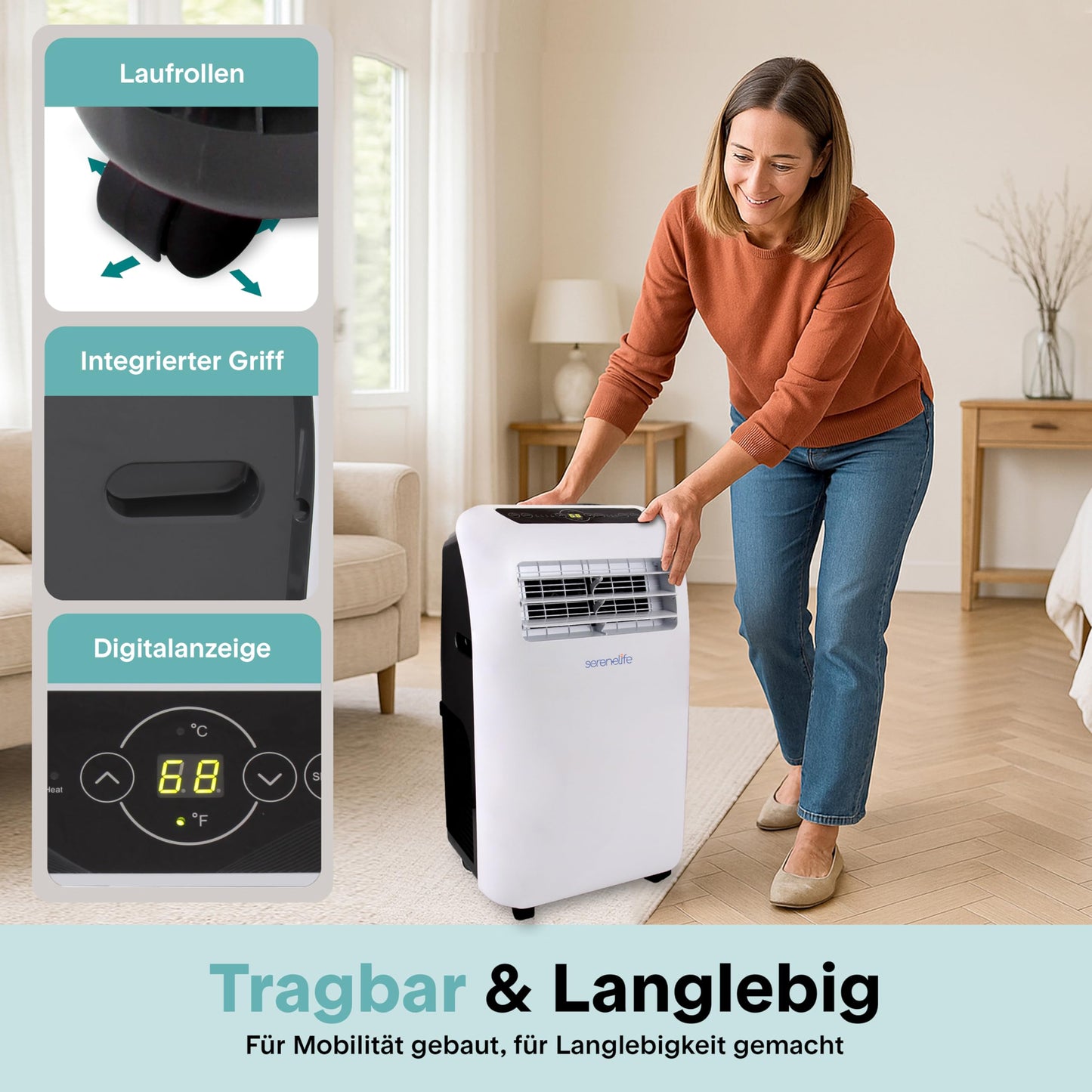 SereneLife Aer condiționat mobil 2.6 kW 7000 BTU - L52 dB Aer condiționat silențios pentru dormitoare de până la 28 m², răcire plăcută în zilele calde, cu dezumidificator, ventilator și telecomandă - SLPAC7EU