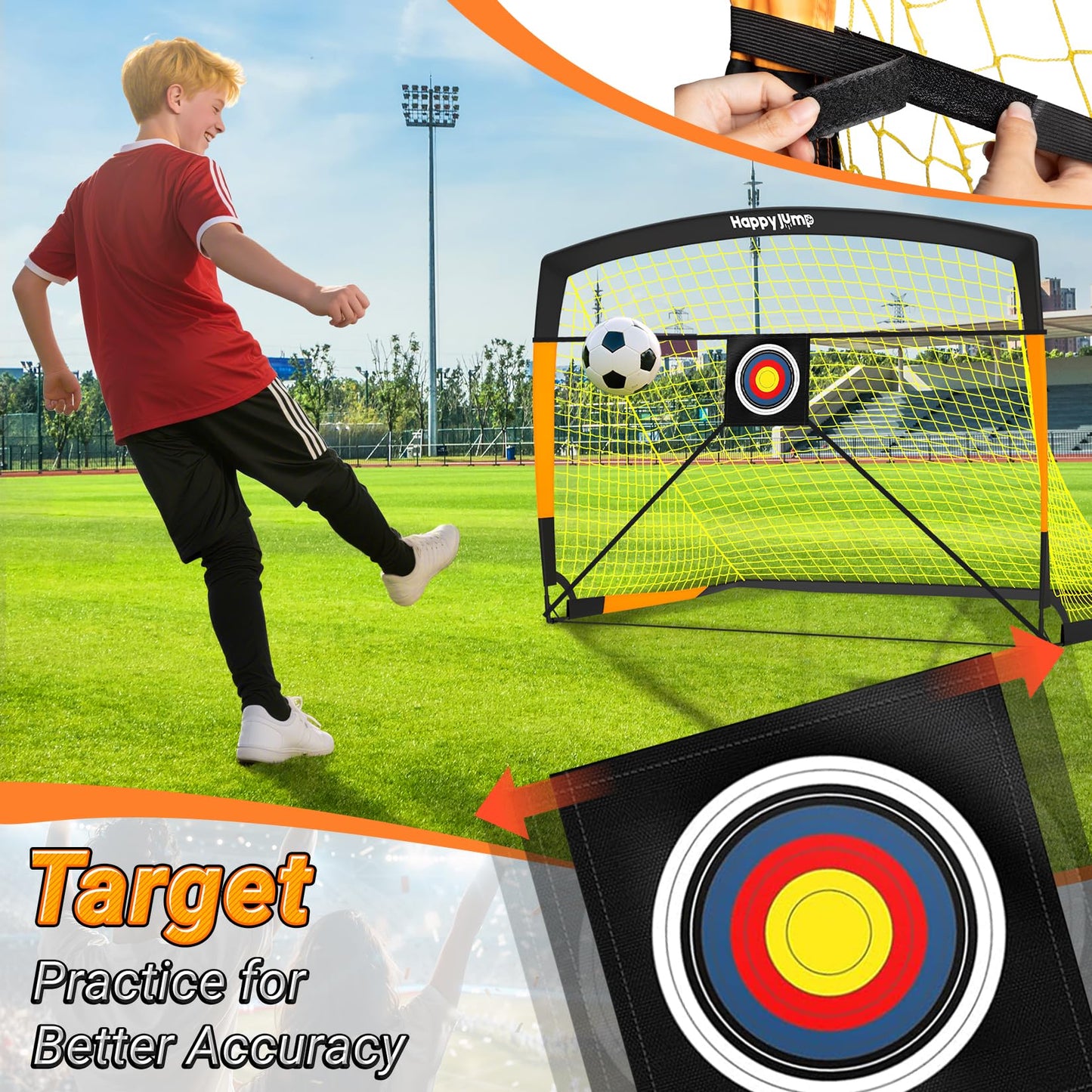 Happy Jump Pop-Up Football Goals - 152x110 cm, 2 goals, black orange with ball, pump, cone & target | Complete training set for garden & family - Z2500700BQ1