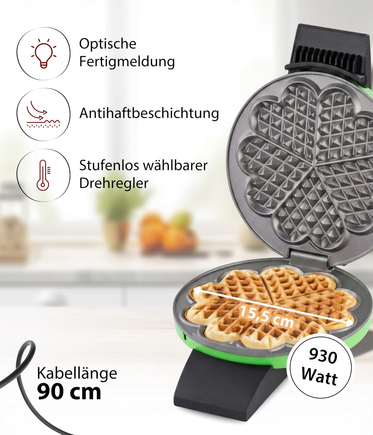 Cloer 1627-14 waffle iron for classic heart waffles, 930 W, waffle size 15.5 cm, continuously selectable browning level, green
