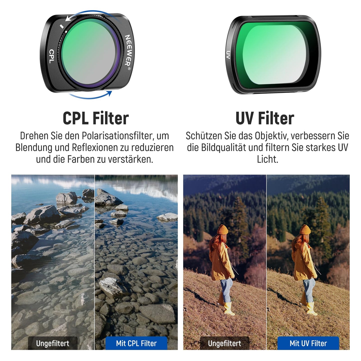 NEEWER Filter Set Compatible with DJI Osmo Pocket 3 / Pocket 4 / Xtra Muse, Pack of 4 Magnetic ND Filter Accessory Set for Action Cameras (UV + CPL + Variable ND2-32 + ND64-512) - FL-P9