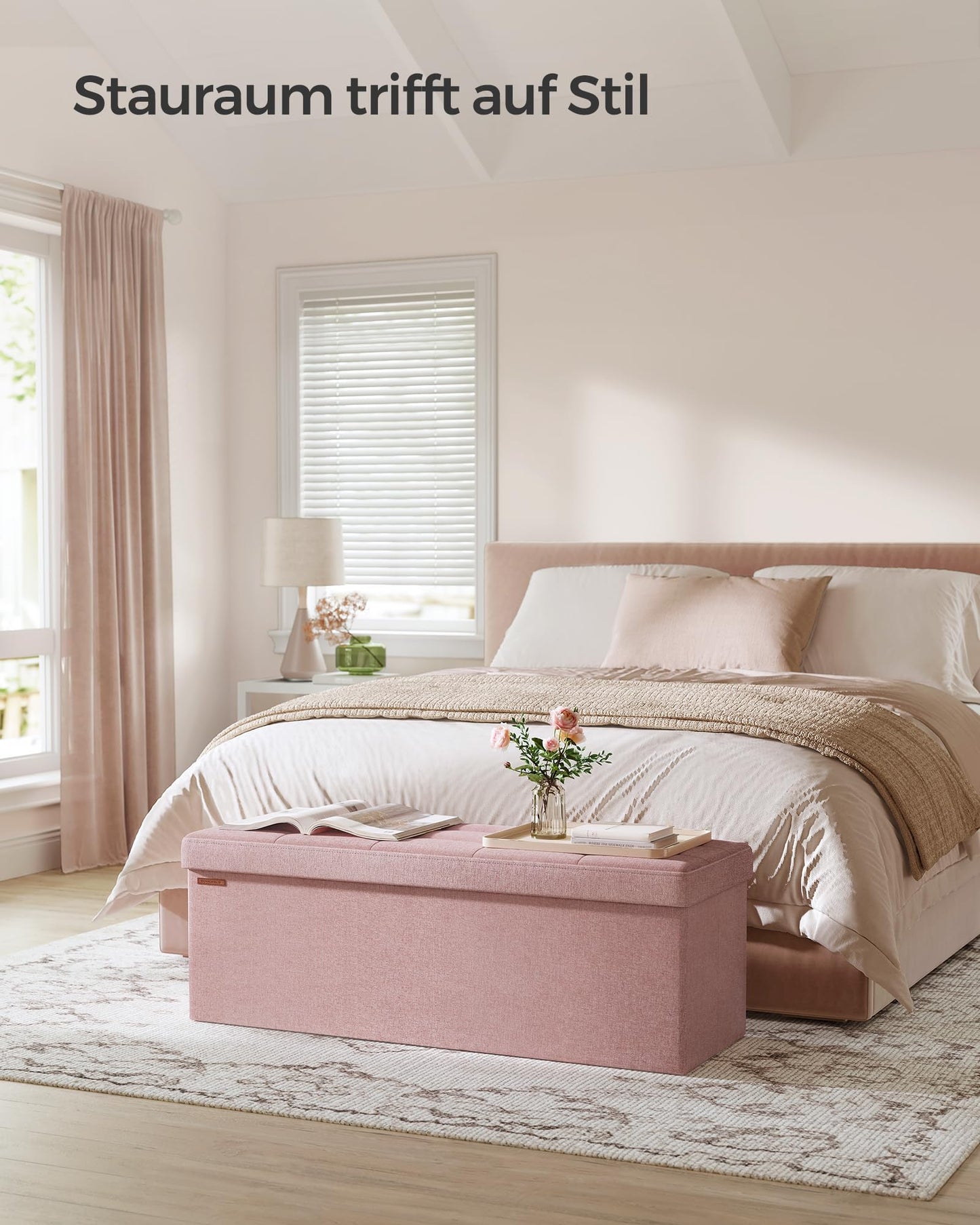 SONGMICS Stool with storage space, folding bench, 38 x 110 x 38 cm footstool, storage box, load capacity up to 300 kg, for living room, bedroom, hallway, pastel pink LSF077R11 - 6955880314393