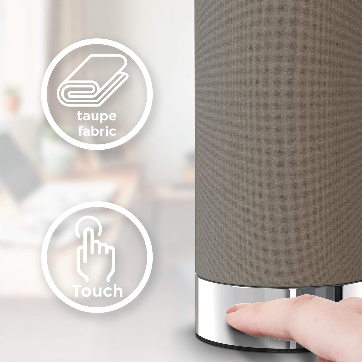B.K.Licht - Touch Table Lamp, Dimmable, E14 Socket, Cylinder Fabric Shade, Table Lamp, Nightstand Light, Desk Lamp, Reading Lamp, Reading Light, 24.4x11 cm (DxH), Chrome-Taupe - BKL1438