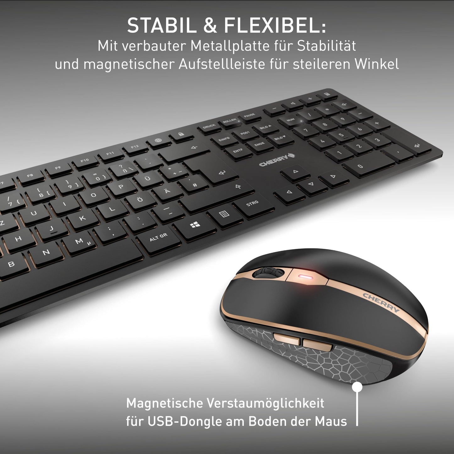 CHERRY DW 9100 Slim, wireless keyboard and mouse set, German layout (QWERTZ), Bluetooth & 2.4 GHz radio, quiet keys, rechargeable, black-bronze - JD-9100DE-2