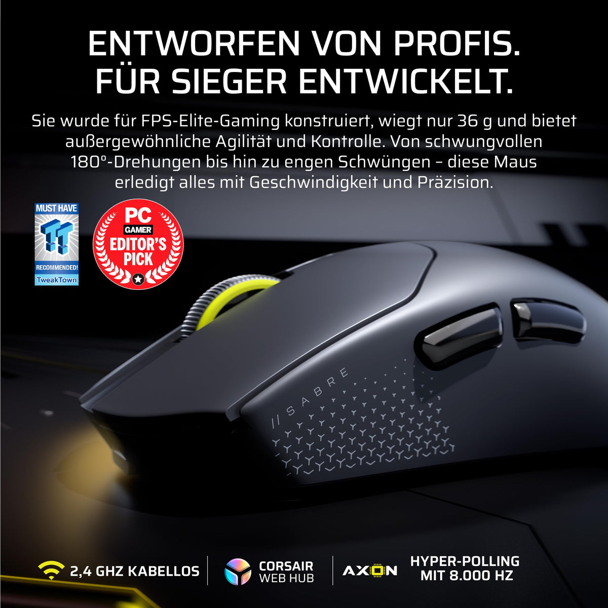 Corsair Sabre v2 PRO Ultralight Wireless FPS Gaming-Maus – Schwarz - CH-931G000-AS