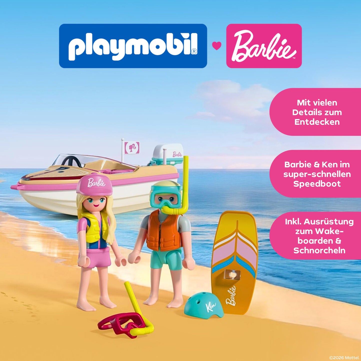 PLAYMOBIL | Barbie | Adventure boat | Speedboat with Barbie & Ken | Wakeboarding & snorkeling action for children | Malibu summer feeling & water adventure | Water toys | For children aged 4 and over | 72122