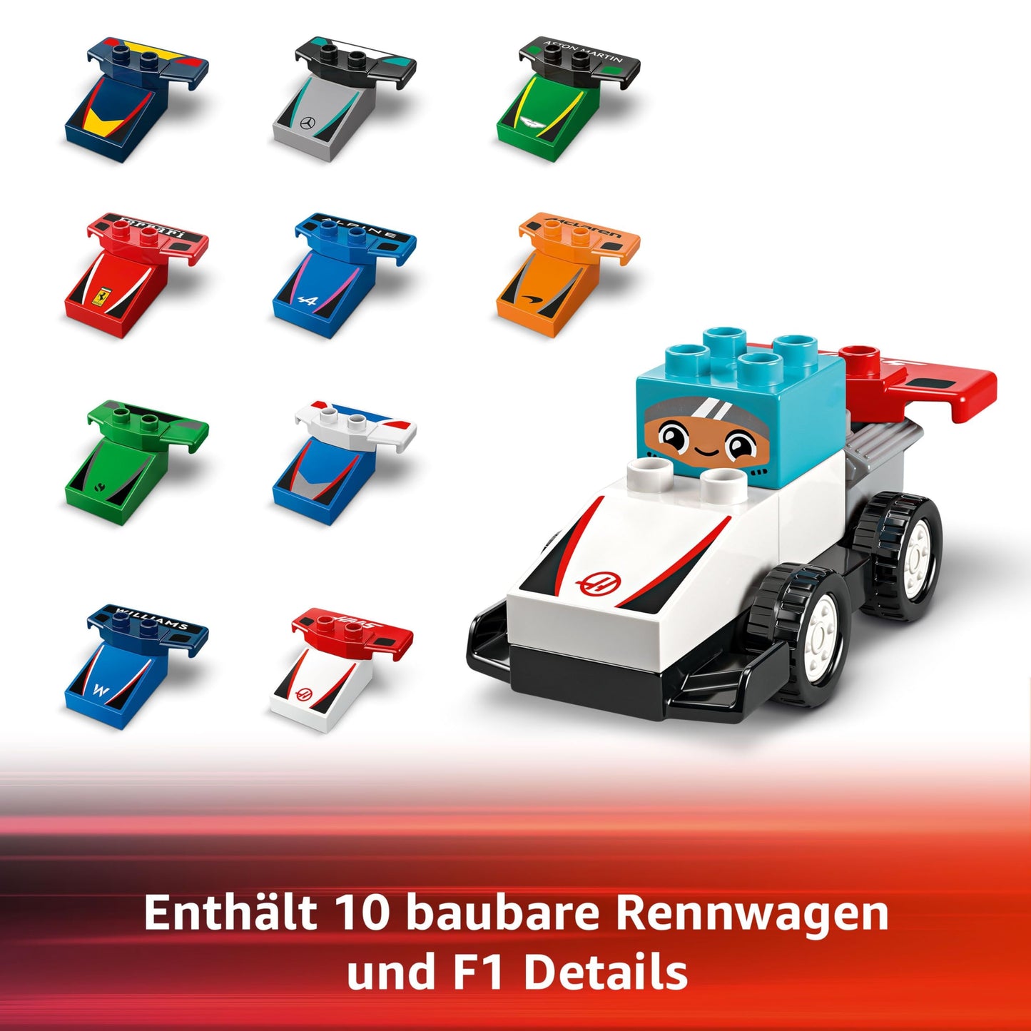 LEGO DUPLO Town F1 Team racing cars with racing drivers - Montessori toys for girls and boys - educational toys for children aged 2 and over - 10 toy cars with crane, starting lights, winner's podium - 10445