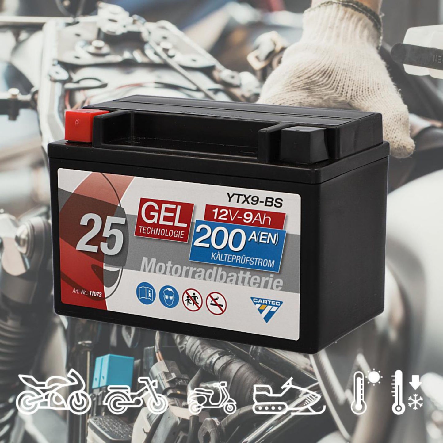 CARTEC motorcycle battery YTX9-BS, 9Ah, 200A, gel technology motorcycle starter battery, original equipment manufacturer quality, cycle-proof, storable, maintenance-free, black - 11073