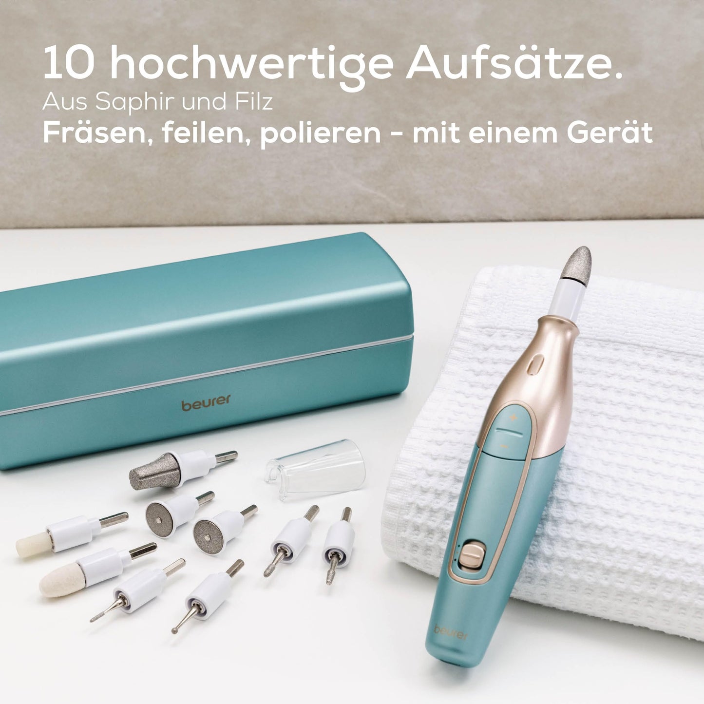 Beurer MP 84 manicure/pedicure set, electric nail file with battery, 10 attachments, LED light, including storage case, up to 4400 rpm, nail set for hand and foot care, turquoise - 570.02