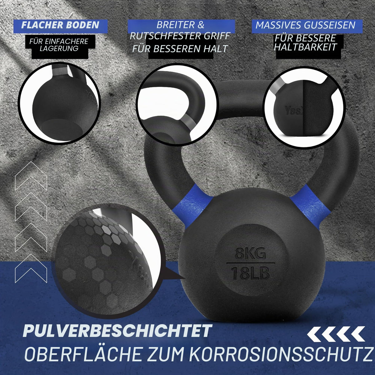 Yes4All WTGA Powder-Coated Cast Iron Kettlebell, 8 kg, Dark Blue