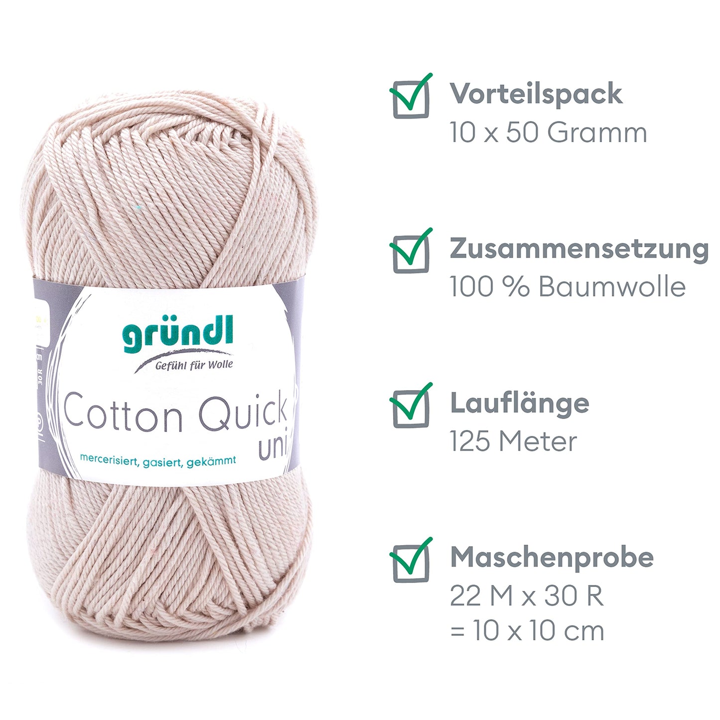 Gründl Wolle Cotton Quick uni - thin wool for crocheting - knitting yarn - crochet yarn - shiny and skin-friendly - 100% cotton - 10 balls 50 g / 125 m - needle size 3-4 - sand - 865-102