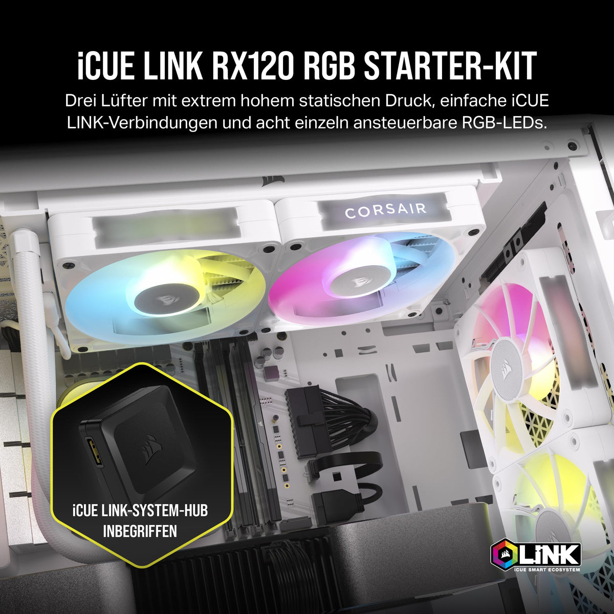 CORSAIR iCUE LINK RX120 RGB 120mm PWM-Lüfters – Pachet de trei, Alb - CO-9051022-WW