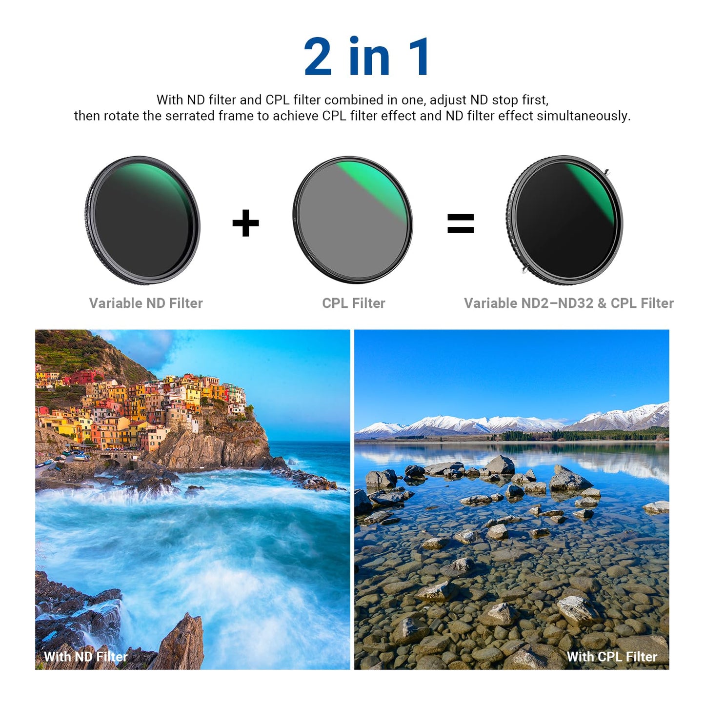 NEEWER 2 in 1 43mm Variable ND Filter ND2-ND32&CPL (Circular Polarizing Filter) No X Cross Variable Gray Filter HD Optical Glass 30 Layer Nano Coated Water-Repellent Scratch-Resistant - 10102082