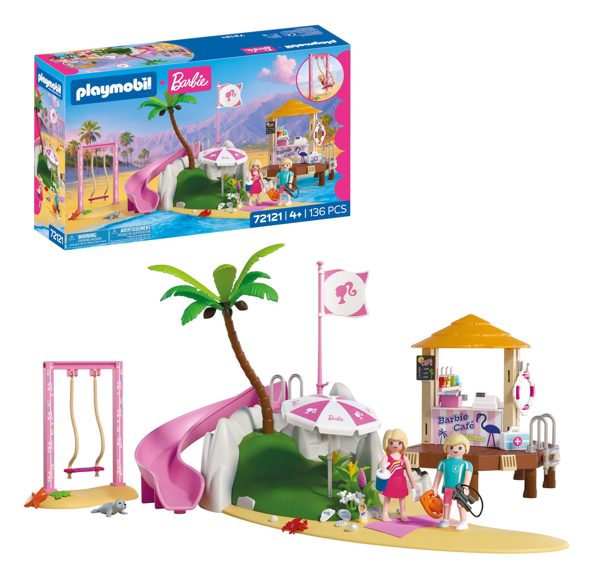 PLAYMOBIL Barbie Beach Café | Summer Adventures with Barbie & Ken | Beach café with swings, slide & animals | For creative role play | Imaginative playset for children aged 4 and over | 72121
