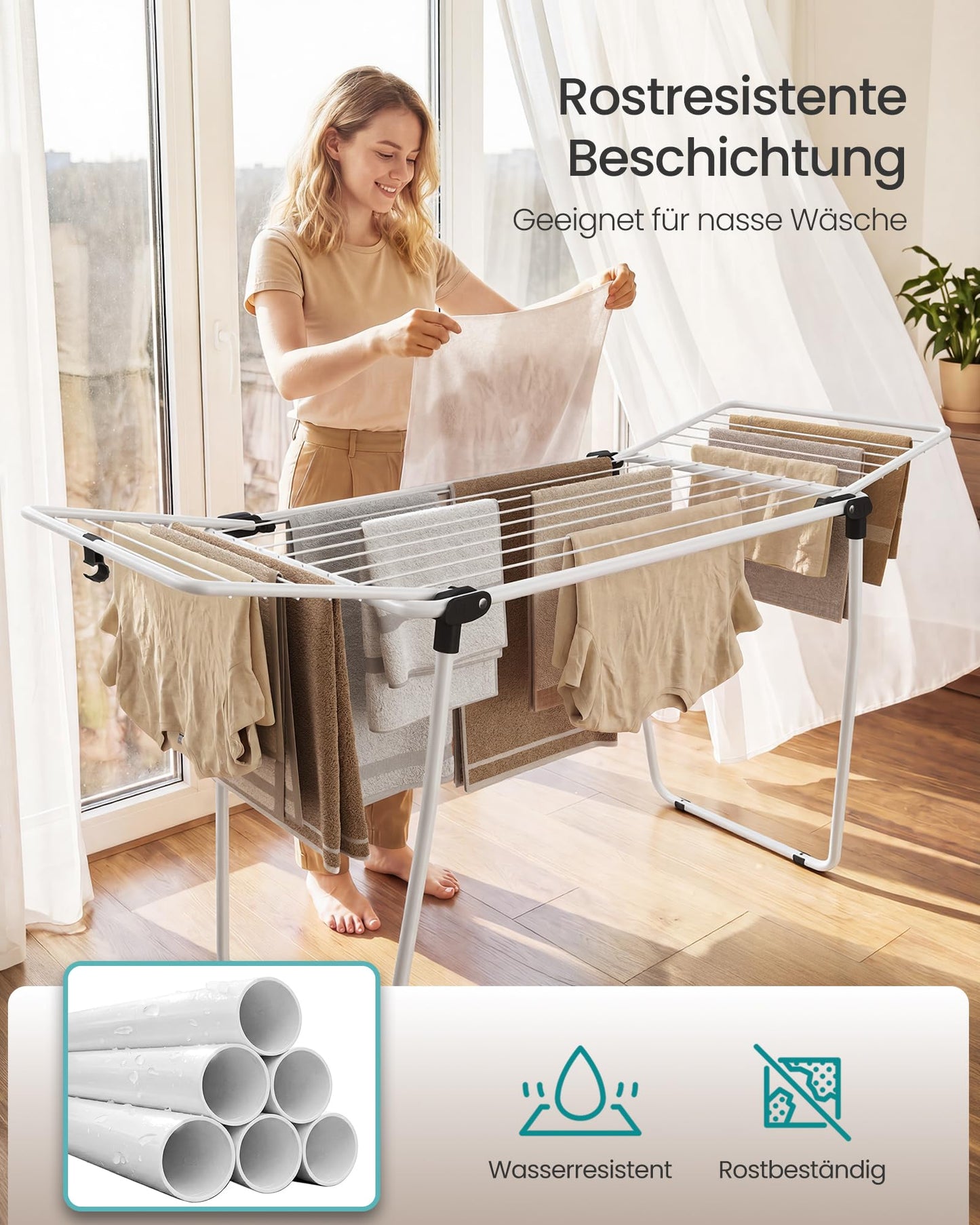 SONGMICS clothes airer, stand dryer 47 x 150 x 91 cm, wing clothes airer, wing clothes dryer space-saving, metal, for clothes, towels, white LLR520WK01