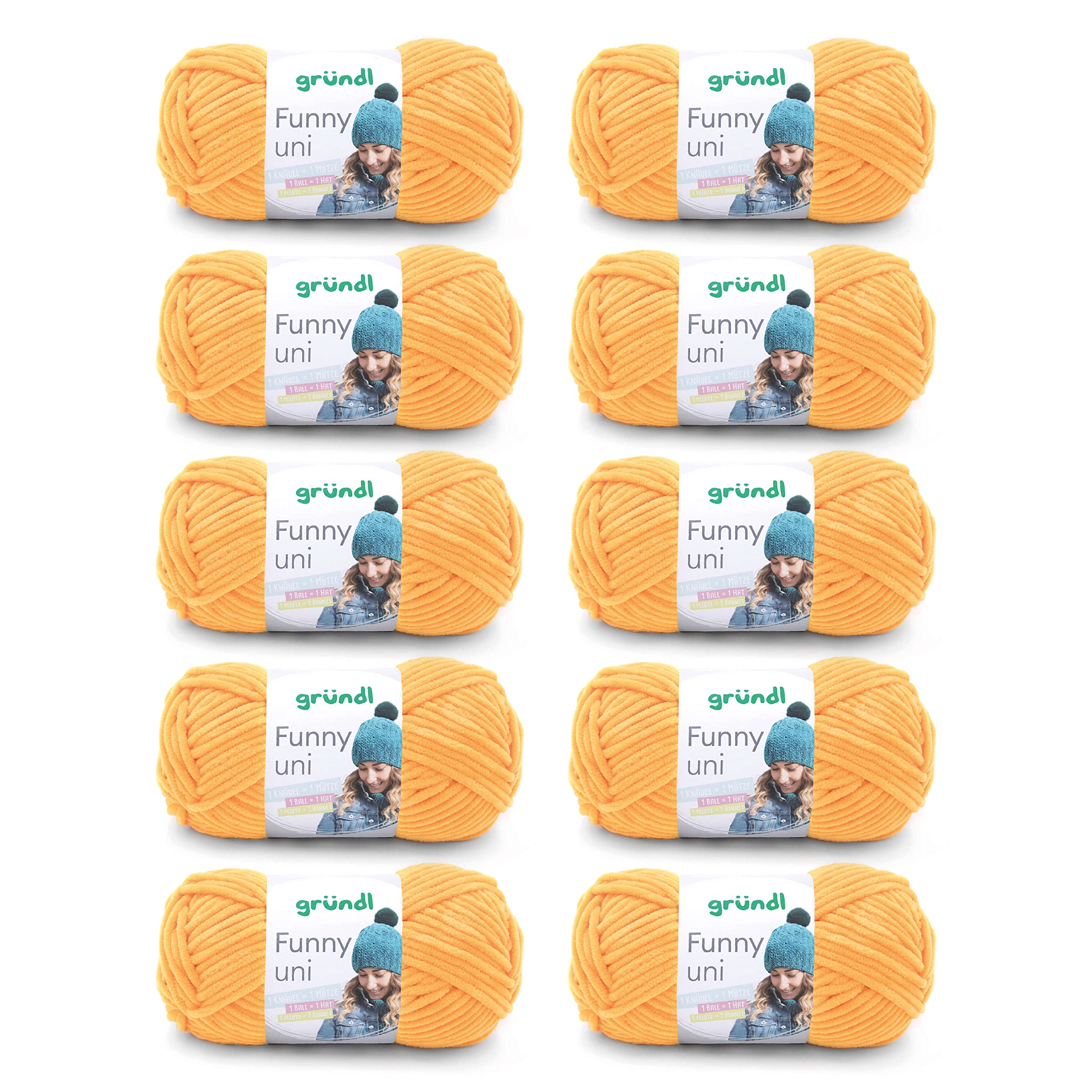 Gründl Wolle Funny uni - lână moale tip chenille pentru croșetat - pufoasă și delicată cu pielea - 100% poliester - 10 sculuri 100 g / 120 m - grosime croșetă 5-6, galben - 3442-29