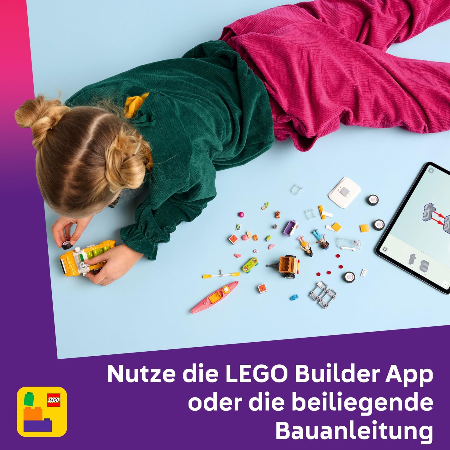 LEGO Friends adventure trip with friends - travel car with trailer - building set with 2 mini dolls, dog figure, kayak & fun accessories - skateboard & roller skates - toy for girls aged 6 and over - 42659