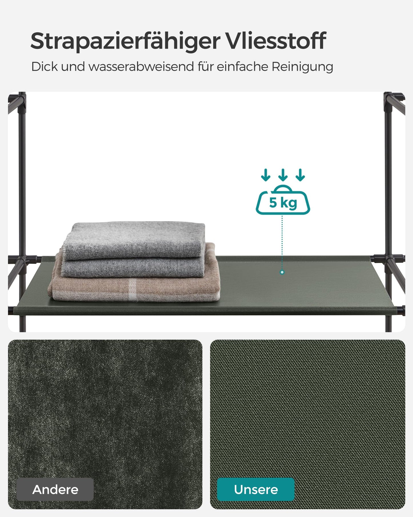 SONGMICS wardrobe, fabric wardrobe, with non-woven fabric cover, folding wardrobe with clothes rail, 45 x 150 x 175 cm, 12 shelves, metal frame, wardrobe for bedroom, sage green LSF003C02