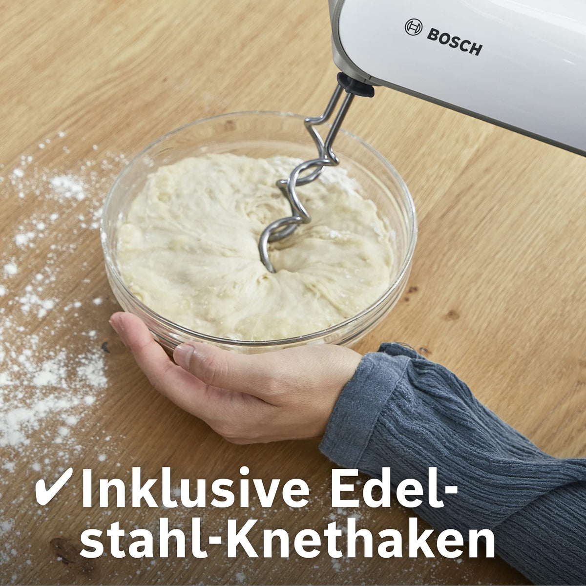 Bosch Hand Mixer Styline MFQ4835DE, 2x2 Whisks, 2 Stainless Steel Dough Hooks, Dishwasher Safe, 575 W, White