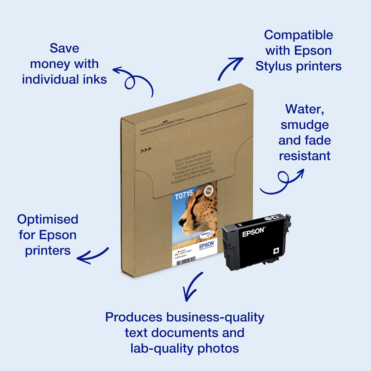 Cyan Epson Original T0712 Cerneală Gepard, rezistentă la apă și ștergere (pachet cu 2) - C13T07114010