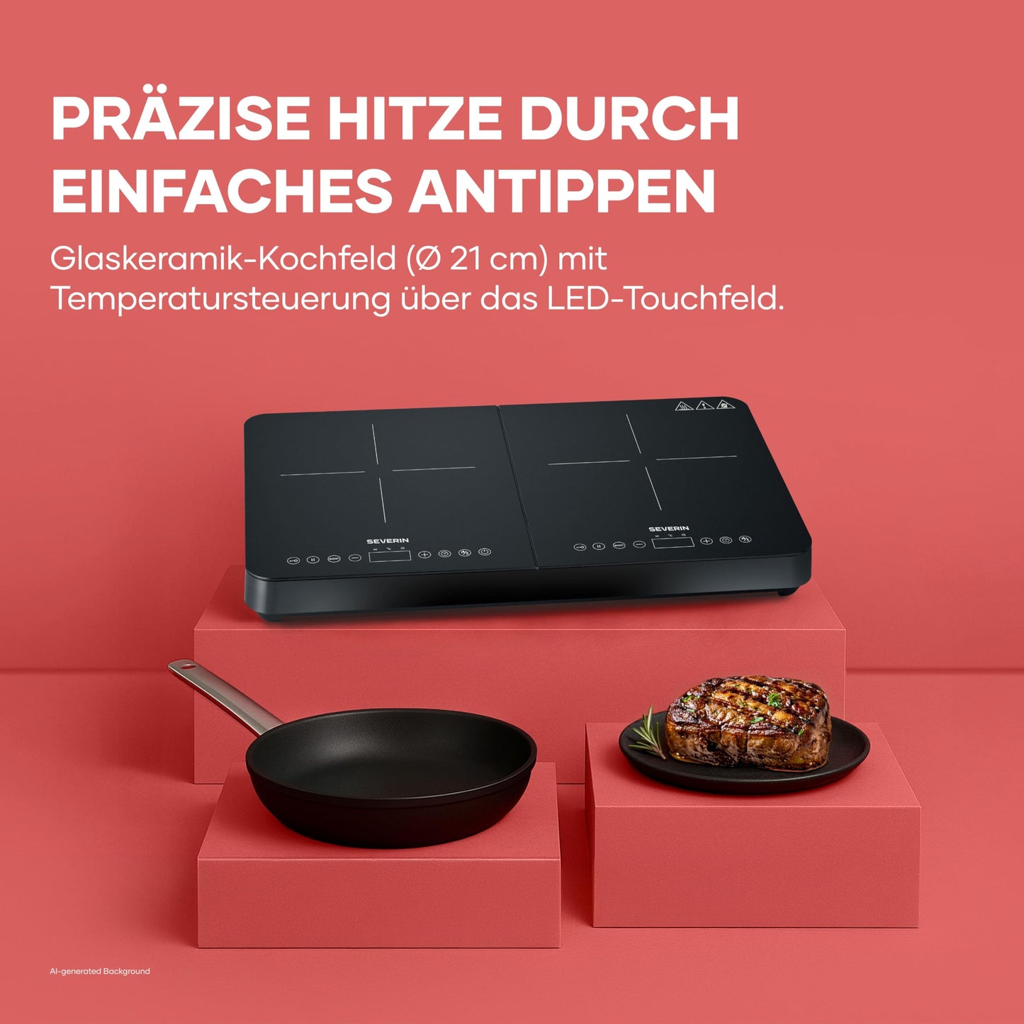 Severin induction hob, 2 plates, 10 power levels, temperature range 60-240°C, touch display, matt hotplates, less prone to scratches, glass ceramic hobs, black, 3,400 W, DK 1028