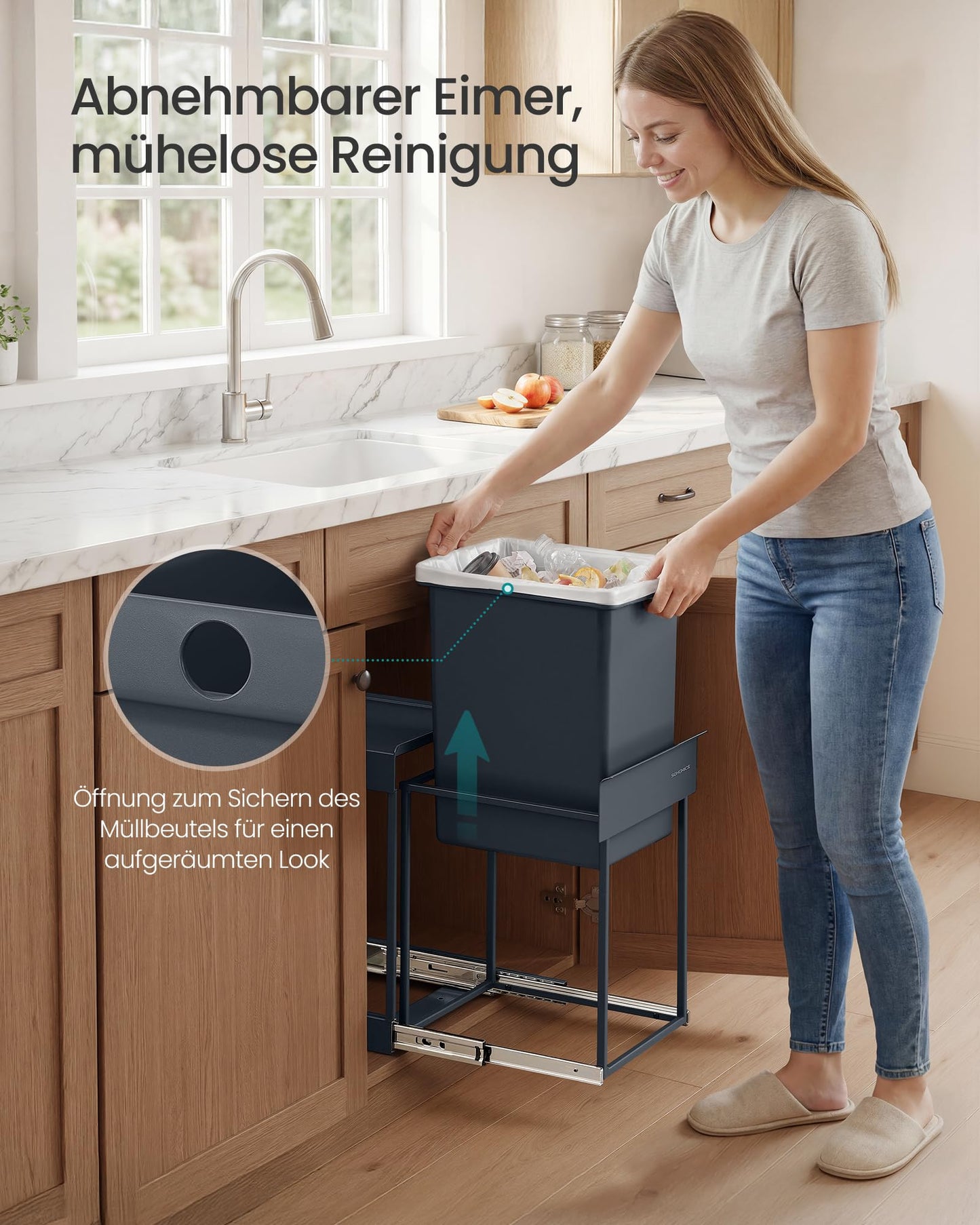 SONGMICS Kitchen trash can, for base cabinet, 1 x 20 L, extendable waste bin, steel frame, ABS lid, gray LTB920GZ01