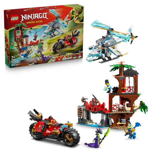 LEGO NINJAGO showdown at the tree house with the ninja bike - action toy with motorcycle, helicopter, 6 minifigures and swords - gift for boys aged 7 and up and fans - 71857