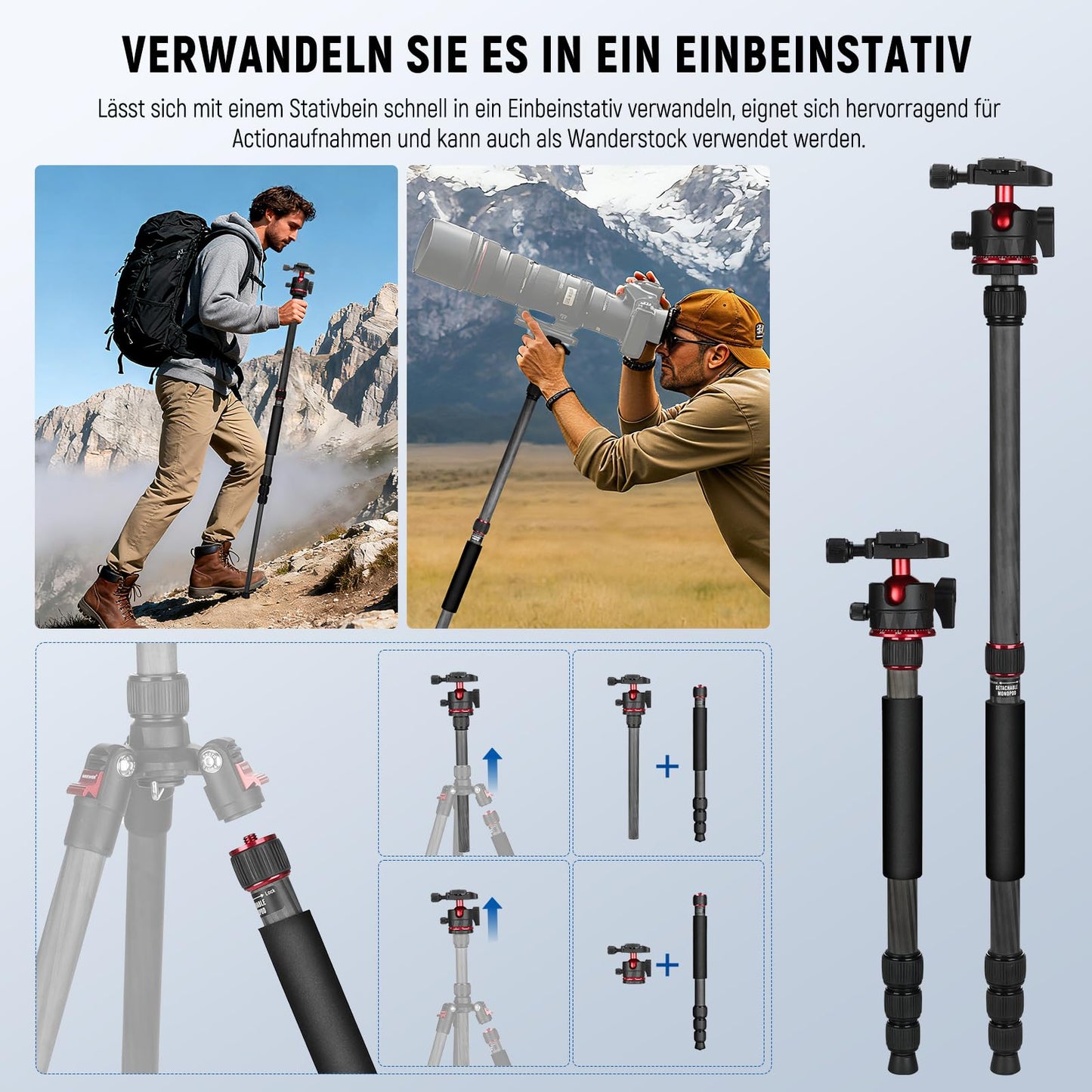 NEEWER Basics Carbon Fiber Travel Tripod Monopod, 64" Compact Lightweight Portable Cell Phone Camera Tripod Compatible with iPhone Video Recording, Arca Ball Head, Maximum Load 13.2 lbs, TP17B