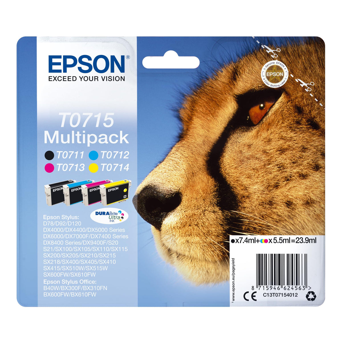 Epson Original T0715 Ink Cheetah, smudge and water resistant (Multipack, 4-color) (CYMK) - C13T07154012