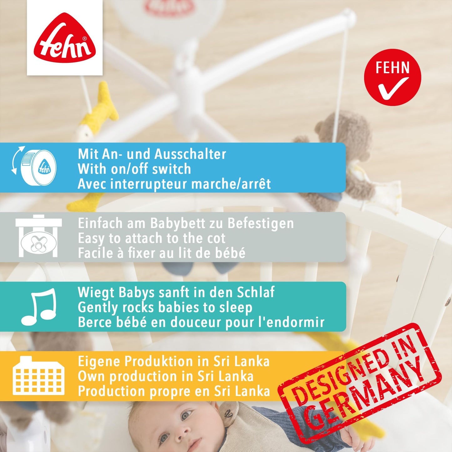 Fehn Music Mobile Sheep - Baby Sleep Aid Music Toy - Baby Mobile Music Box Melody "Sleep Child Sleep" - Music Mobile Baby Bed Accessories Toy for Babies and Newborns from 0-5 Months - 154610