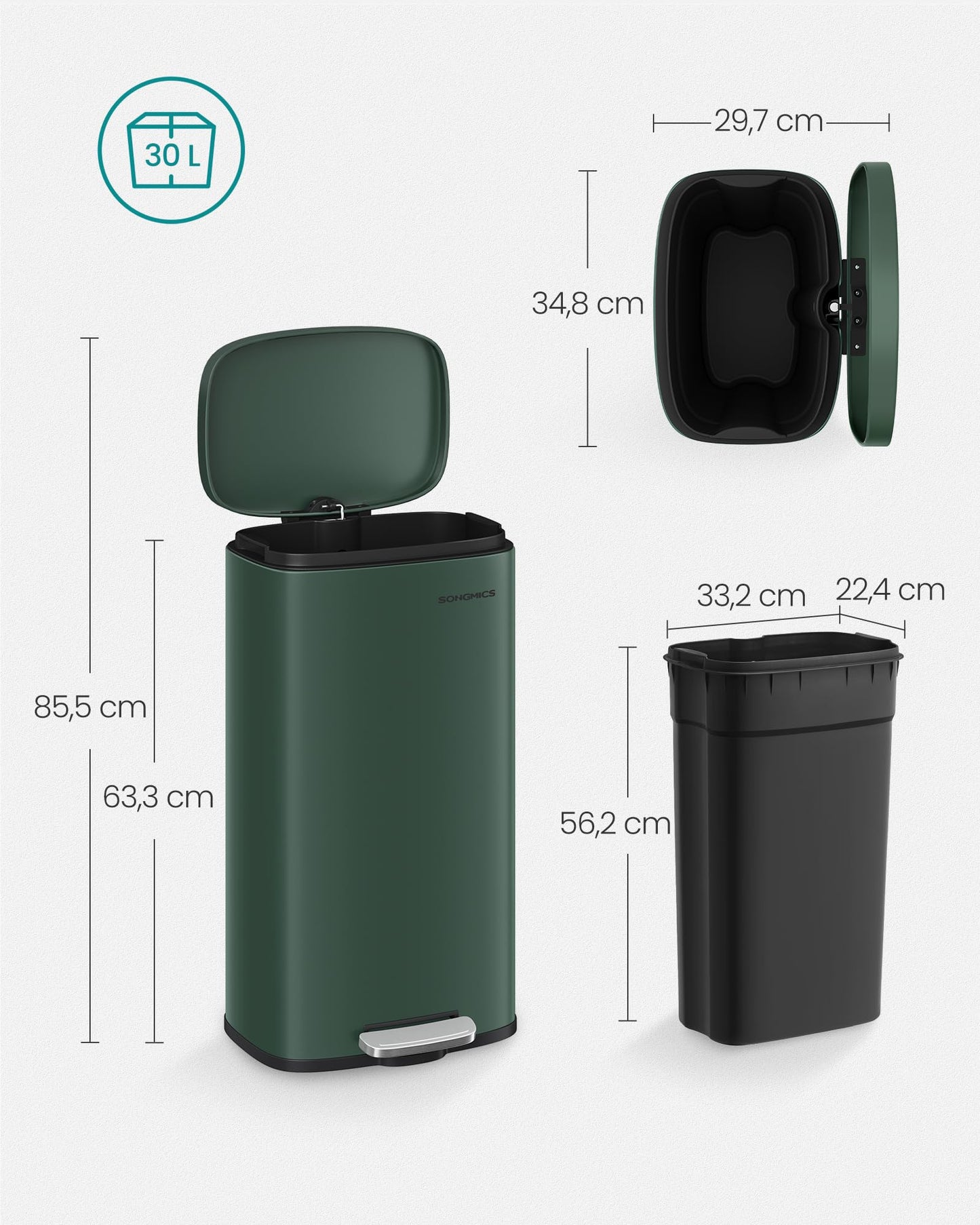 SONGMICS kitchen rubbish bin, 30 liters, waste bin, pedal bin, with lid, soft close, foot pedal, steel, inner bin, vintage green LTB003C02