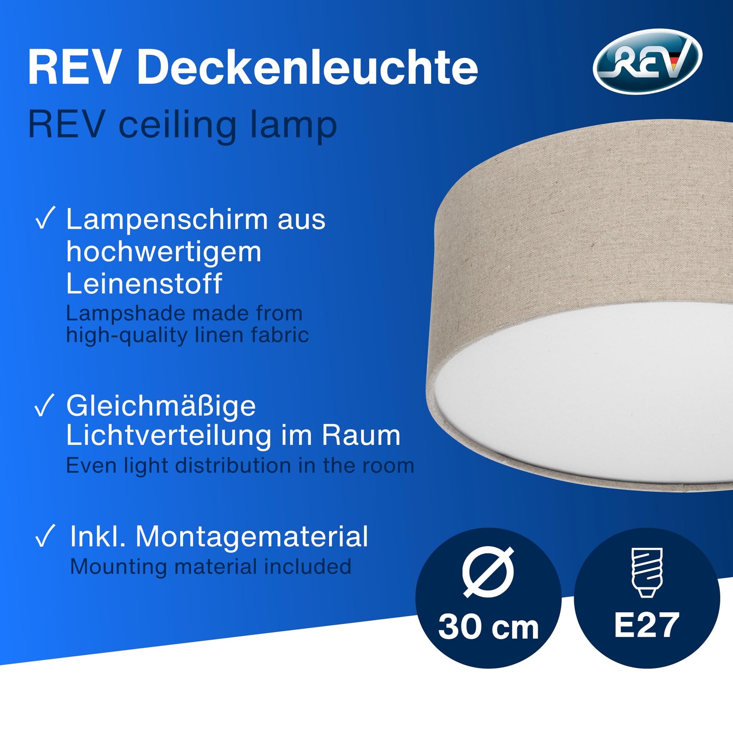 REV LED ceiling light - ceiling lamp bedroom, living room & kitchen around 30cm with fabric lampshade in a vintage look, taupe - 2021113010