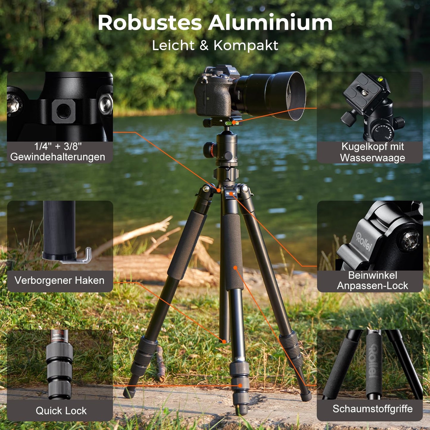Rollei C5i camera tripod black, 158cm Compact photo tripod made of aluminum with ball head Lightweight travel tripod with monopod function for DSLR camera Arca Swiss compatible tripod for smartphone - 22583