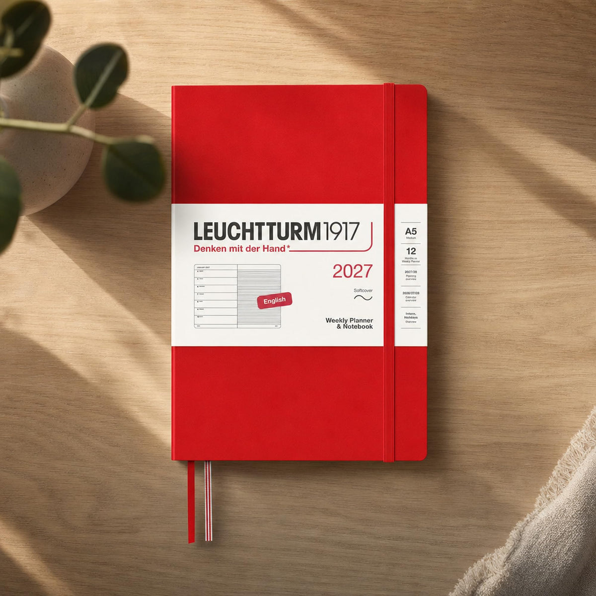 LEUCHTTURM1917 weekly calendar 2027 medium (A5) with notebook, lined - appointment planner English, cherry, soft cover, 145 x 210 mm, January-December 2027, weekly overview on the left + note page on the right - 400235