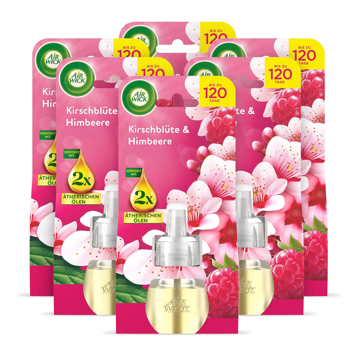 Air Wick Scented Oil Refill – Scent: Cherry Blossom and Raspberry – Fruity-floral room fragrance for the socket – 6x 19ml scented oil refill bottles - 3308092