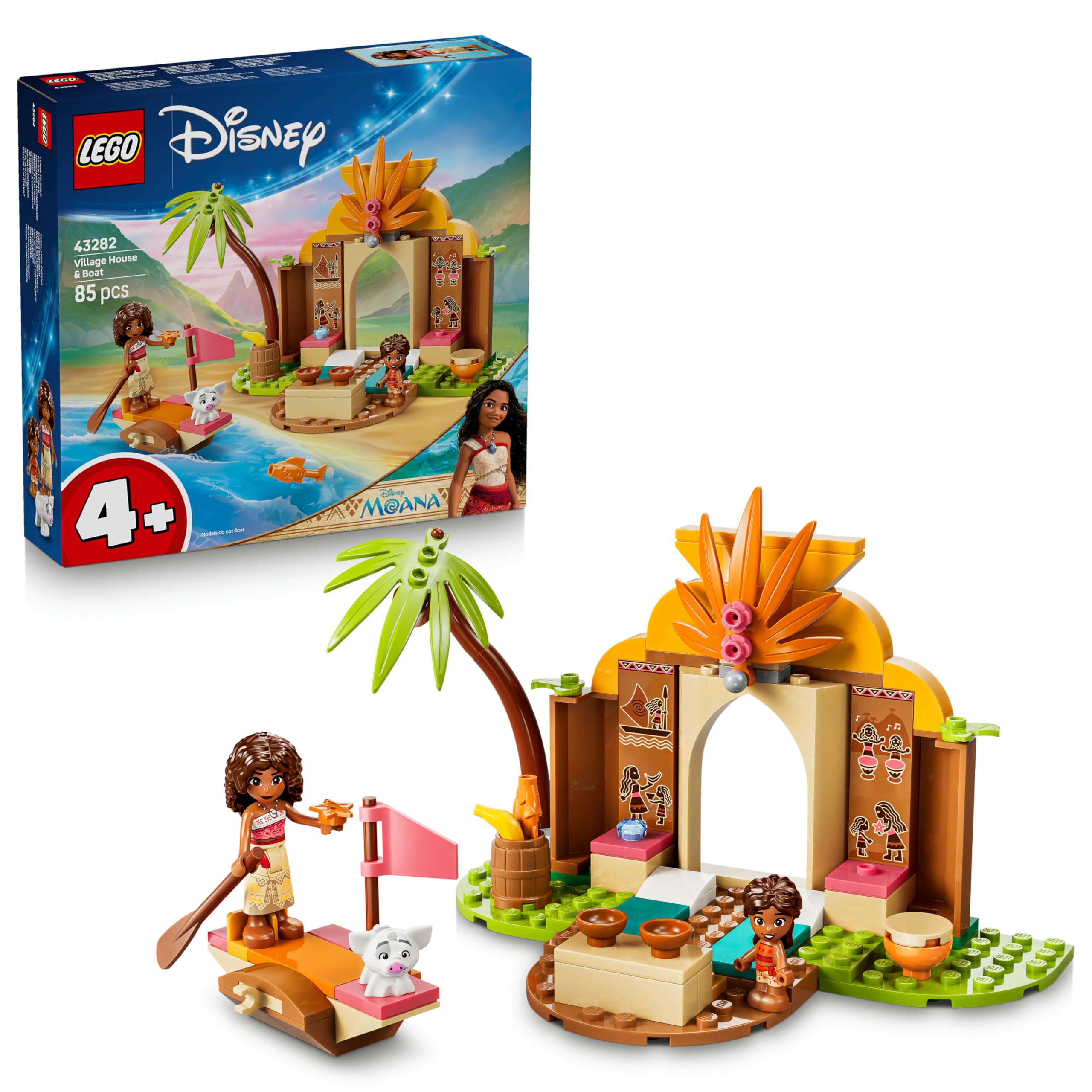 LEGO ǀ Disney Moana Vaiana's hut and boat - educational toy with 2 mini dolls and Pua animal figure - birthday gift for girls and fans aged 4 and over - 43282